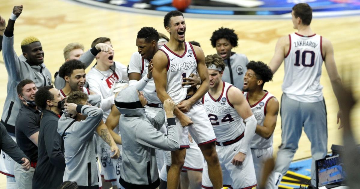 Gonzaga's Jalen Suggs celebrates after his buzzer-beater to knock off UCLA.